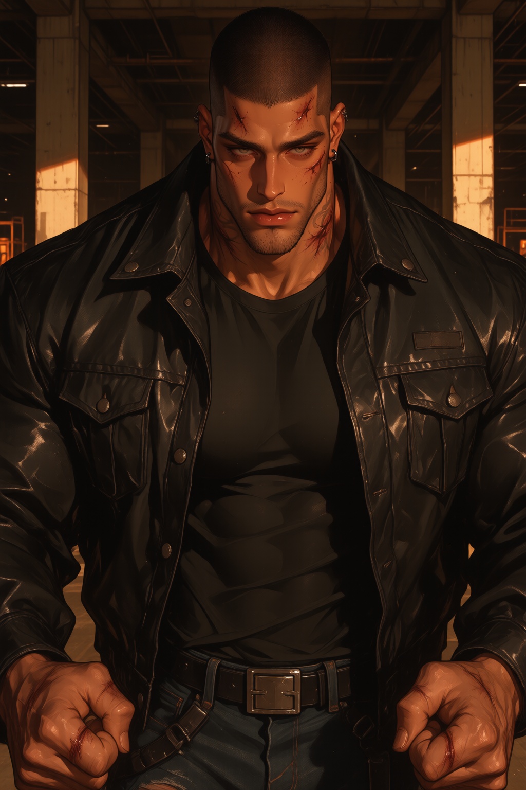 A massive intimidating man with a shaved head,  broken nose,  and scarred knuckles from years of violence. He wears a blac...