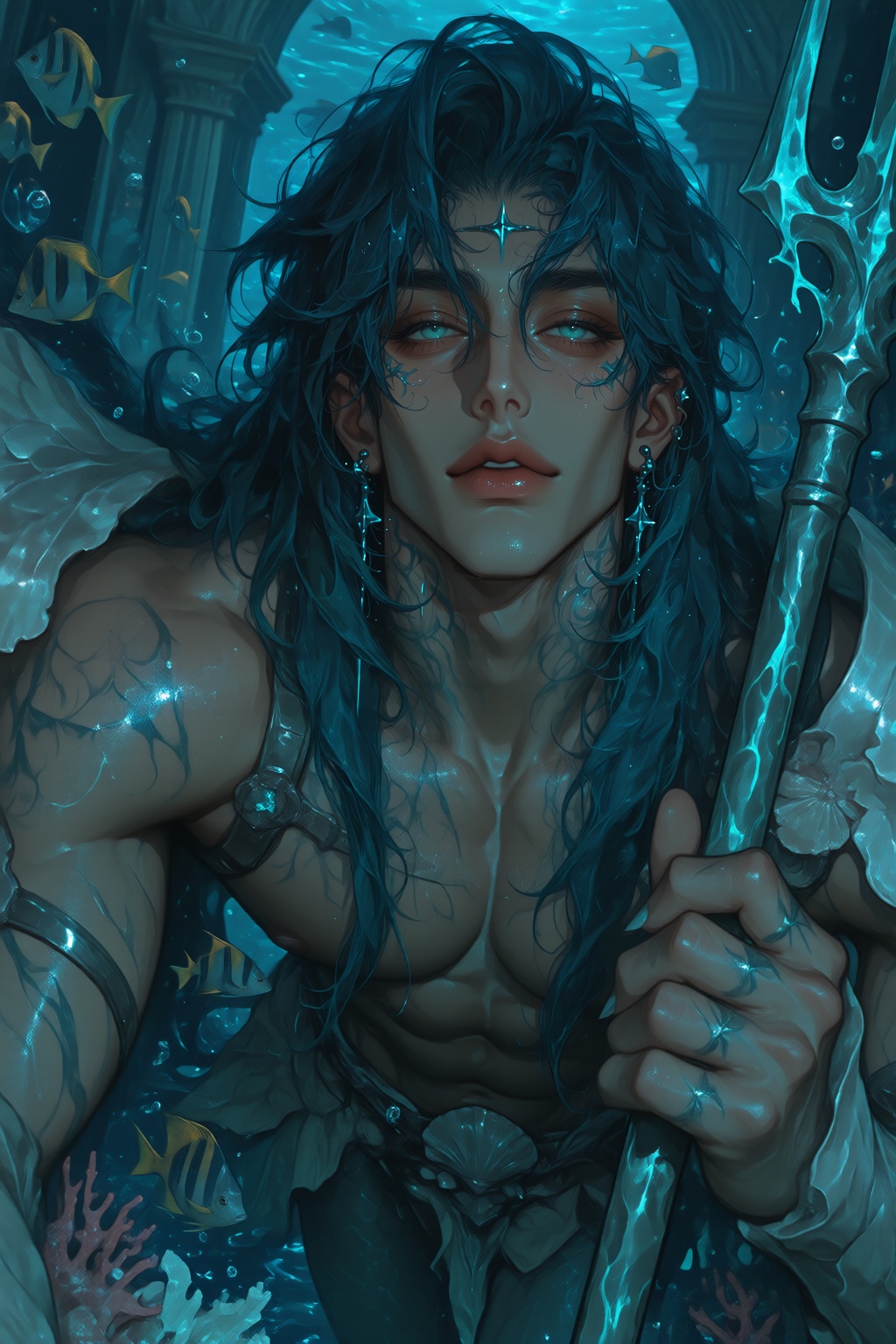 A sea-dwelling warrior with flowing blue-green hair and aquamarine eyes,  having subtle gill slits and scale patterns on h...
