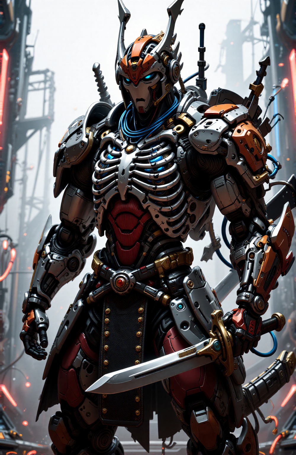 Ultra-detailed digital illustration of a male android samurai warrior in a full-body frame. Slim and athletic,  he wears a...