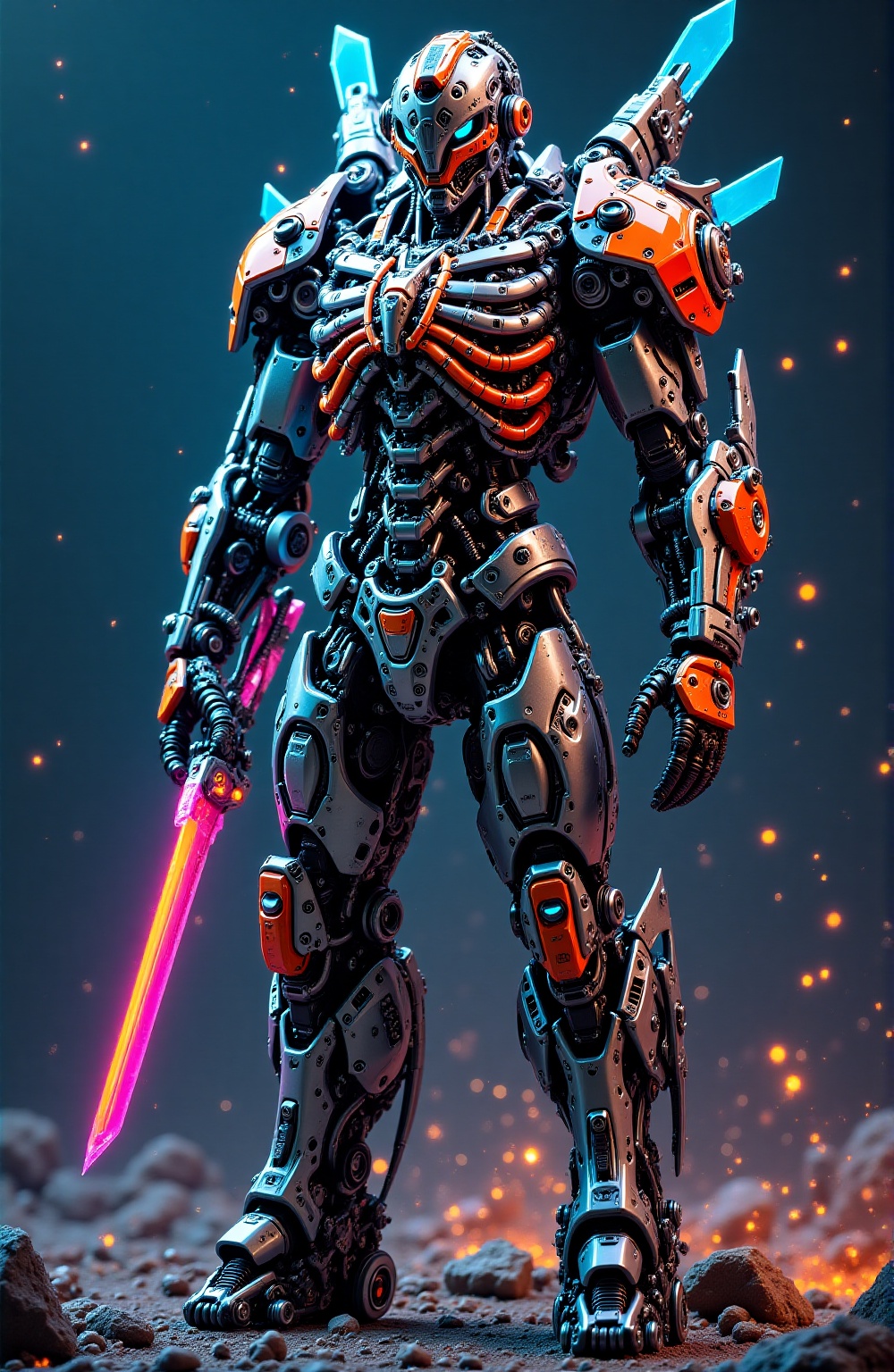futuristic mecha skeleton,  ceramic tubular ribs,  chrome bolts on Tensor.Art