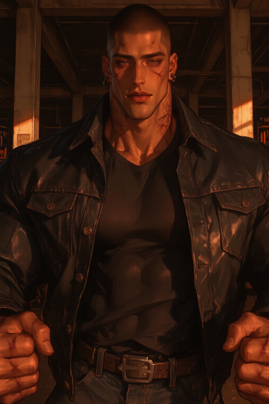 A massive intimidating man with a shaved head,  broken nose,  and scarred knuckles from years of violence. He wears a blac...