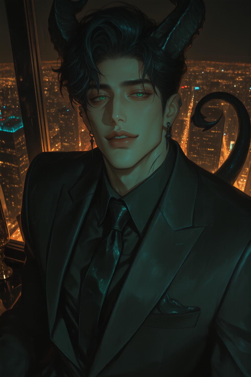 A devastatingly handsome demon with perfectly styled dark hair,  hypnotic green eyes,  and an irresistible smile. He wears...