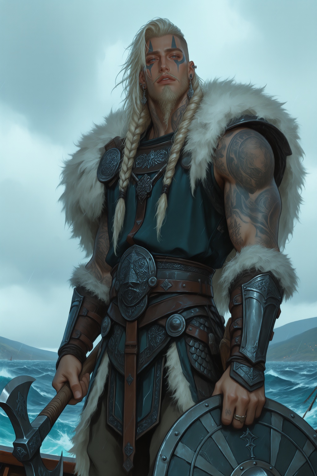 A fierce Norse warrior with long blonde braids,  piercing blue eyes,  and intricate tattoos covering his arms. He wears fu...