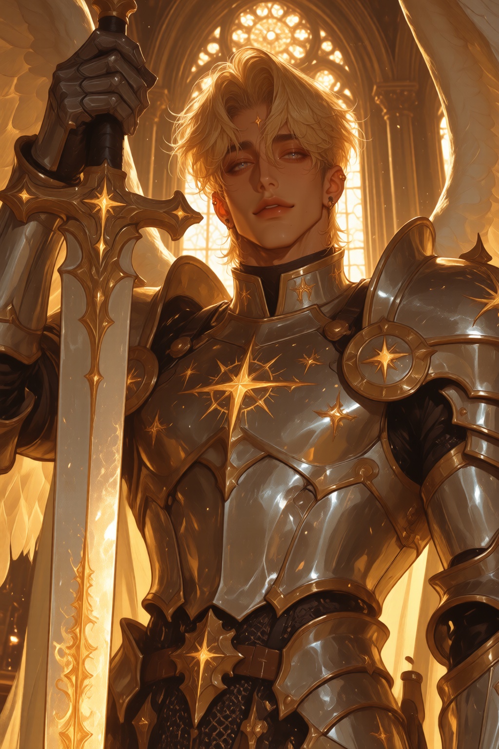 A noble holy warrior with short golden hair and radiant blue eyes,  wearing gleaming silver plate armor with celestial sym...
