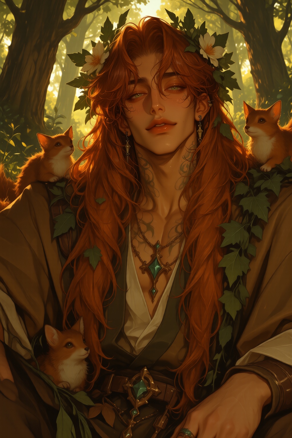 A nature-loving druid with long auburn hair woven with leaves and flowers,  kind green eyes,  and earthy brown robes. Vine...