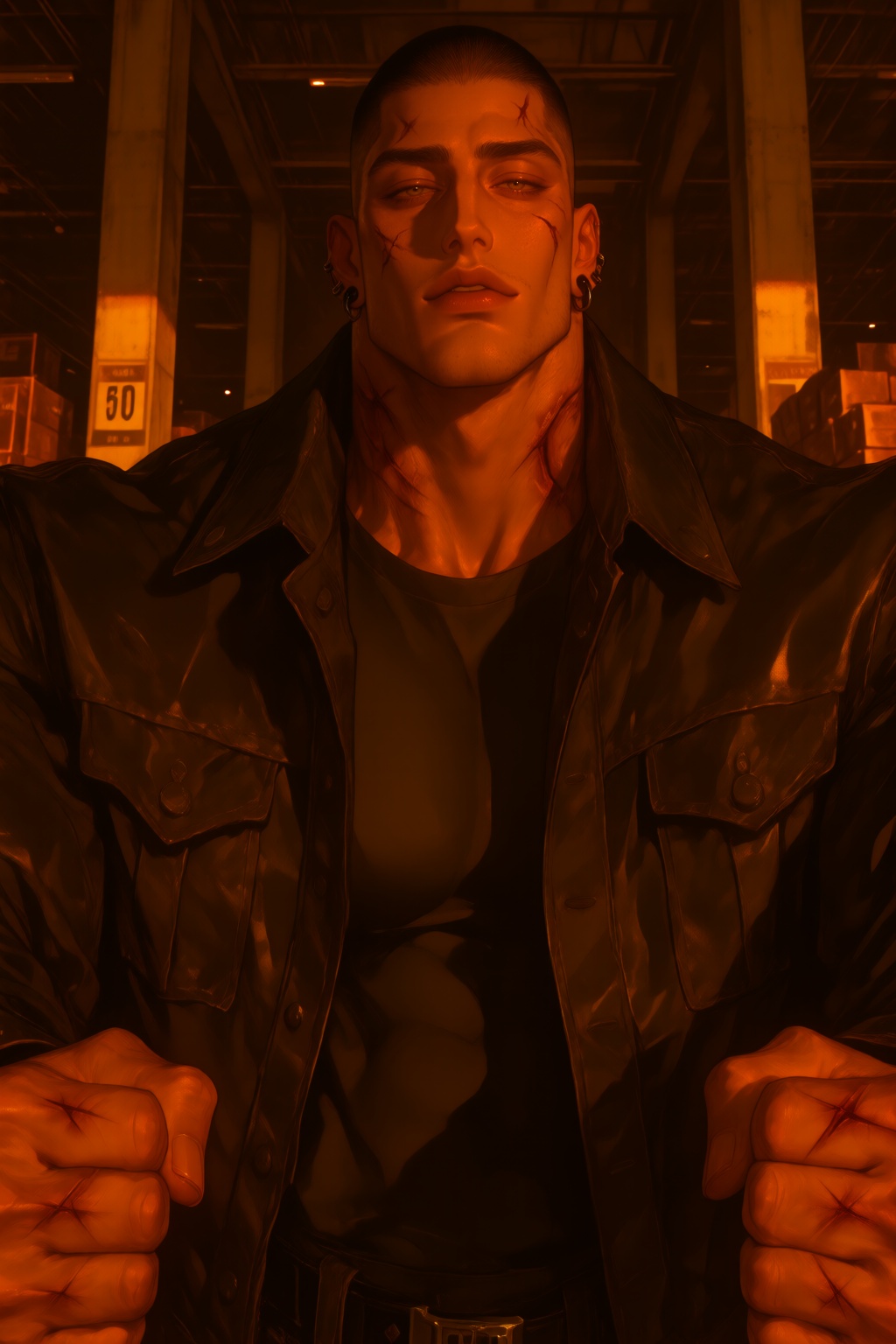 A massive intimidating man with a shaved head,  broken nose,  and scarred knuckles from years of violence. He wears a blac...