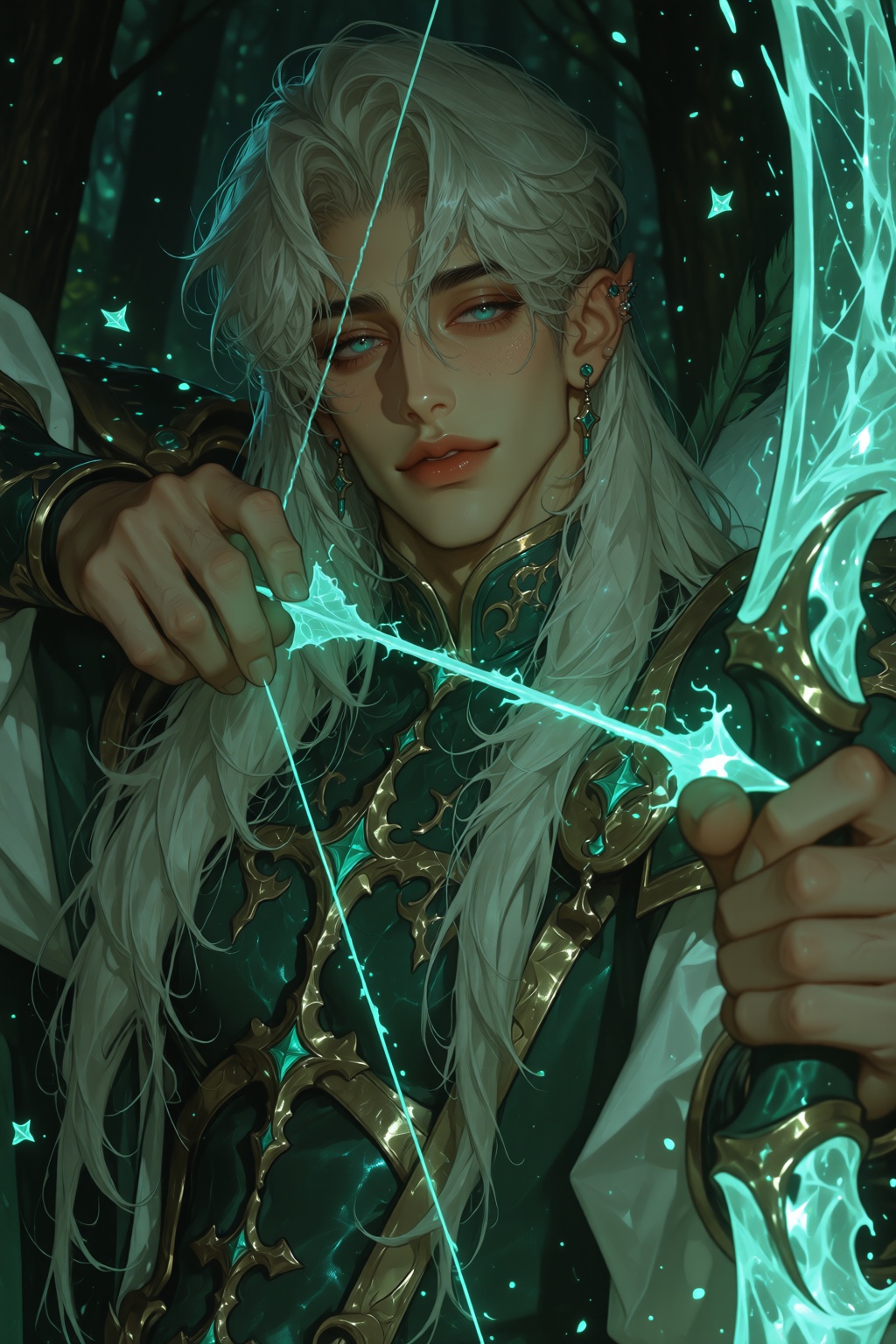 A handsome elven prince with long platinum blonde hair and piercing emerald eyes,  wearing ornate forest green leather arm...