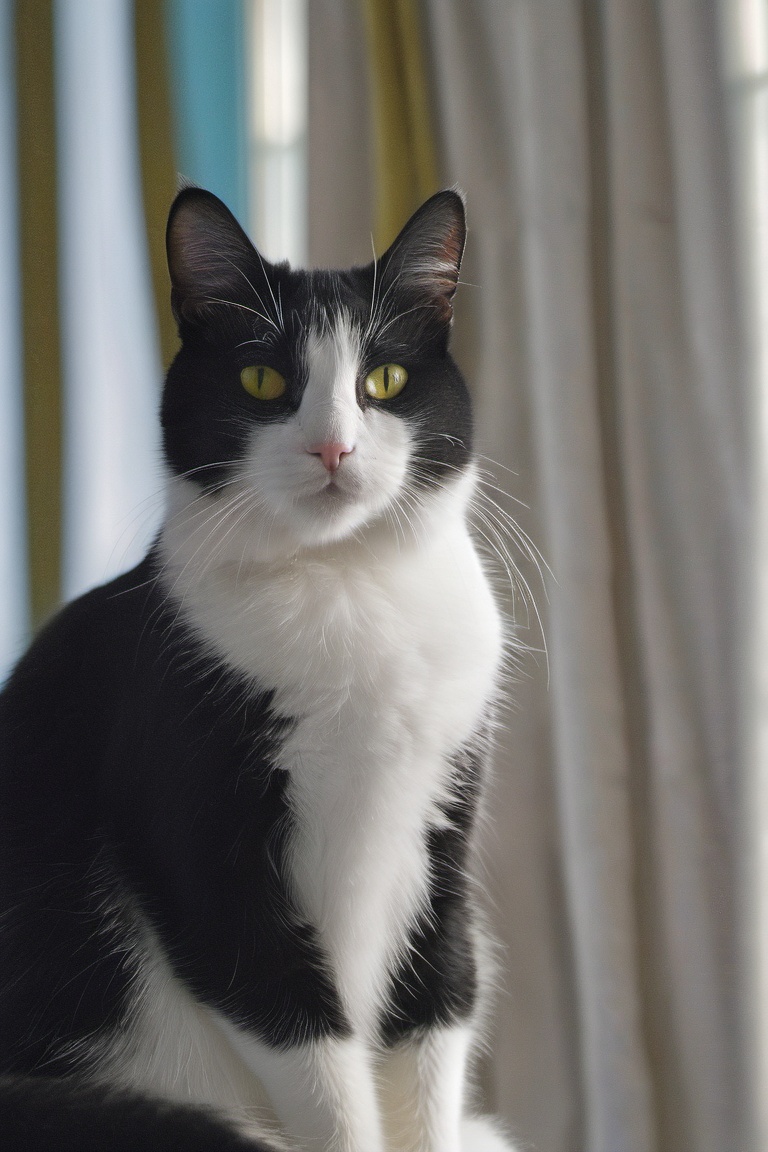 Photograph of a black and white tuxedo cat with striking yellow-green eyes sitting indoors against a light blue wall. The...