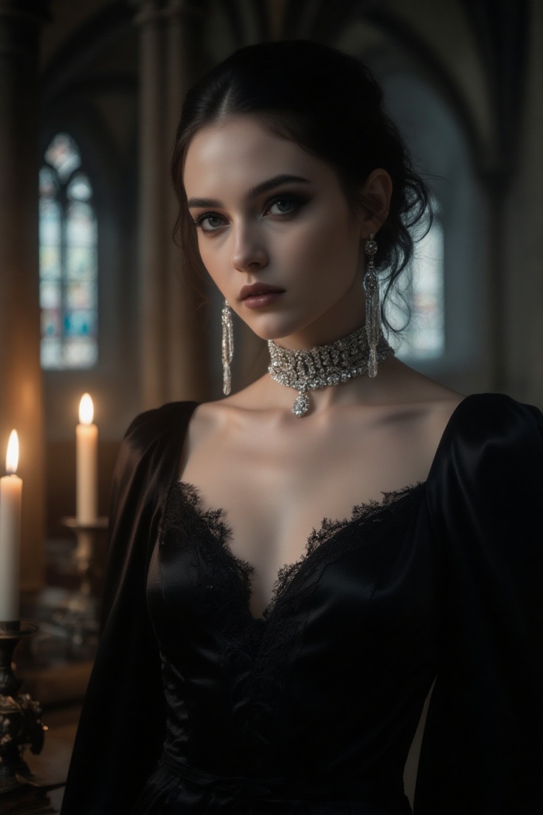 chic 20yo woman,  dramatic bust portrait,  wearing a dark gothic dress with lace details on Tensor.Art