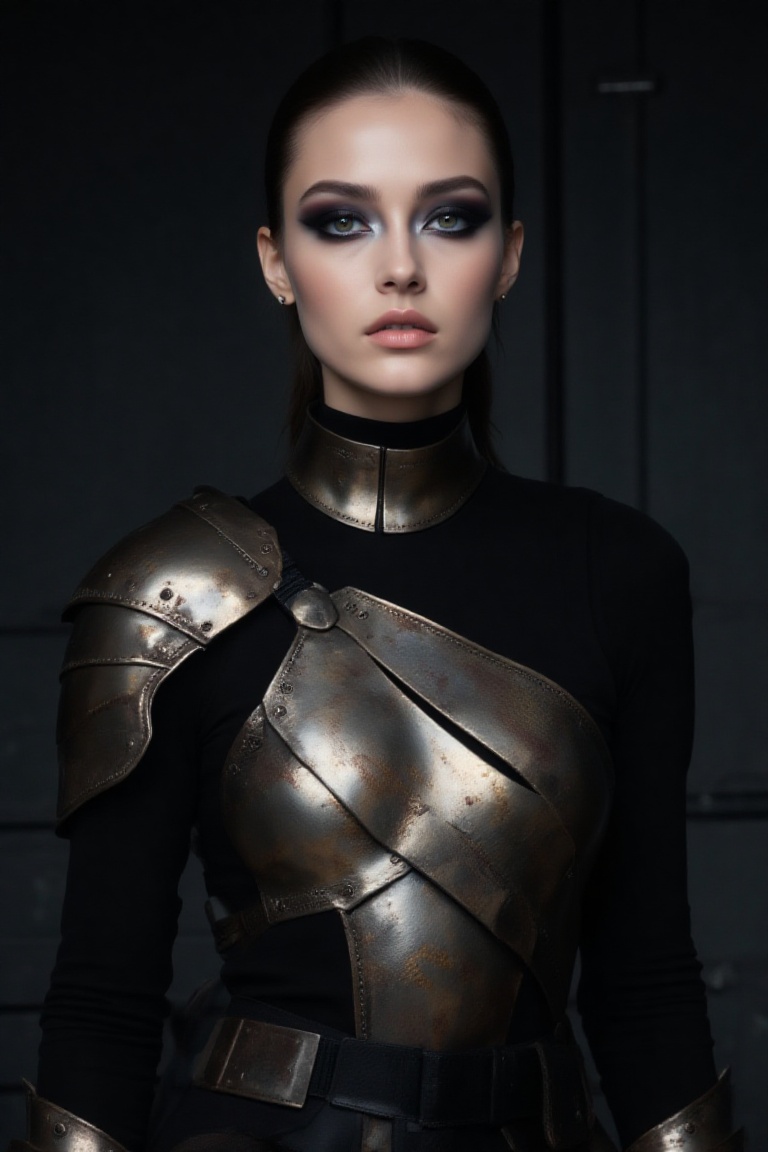chic 20yo woman,  artistic bust shot,  wearing avant-garde armor-like high-fashion outfit with asymmetrical metallic panel...