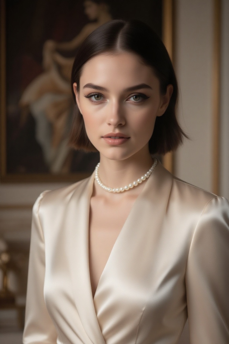 chic 20yo woman,  elegant bust portrait,  wearing a silky ivory blouse with pearl necklace on Tensor.Art