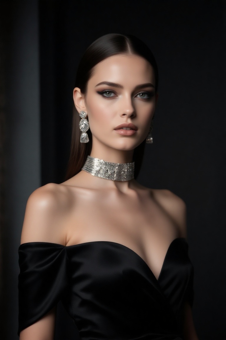 chic 20yo woman,  stylish bust shot,  dressed in a sleek black off-shoulder gown with metallic accessories on Tensor.Art