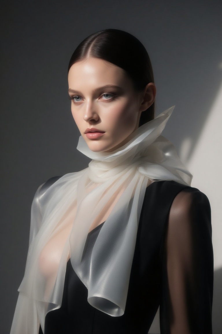 chic 20yo woman,  artistic bust shot,  wearing a surreal avant-garde outfit with layered translucent fabric and oversized...
