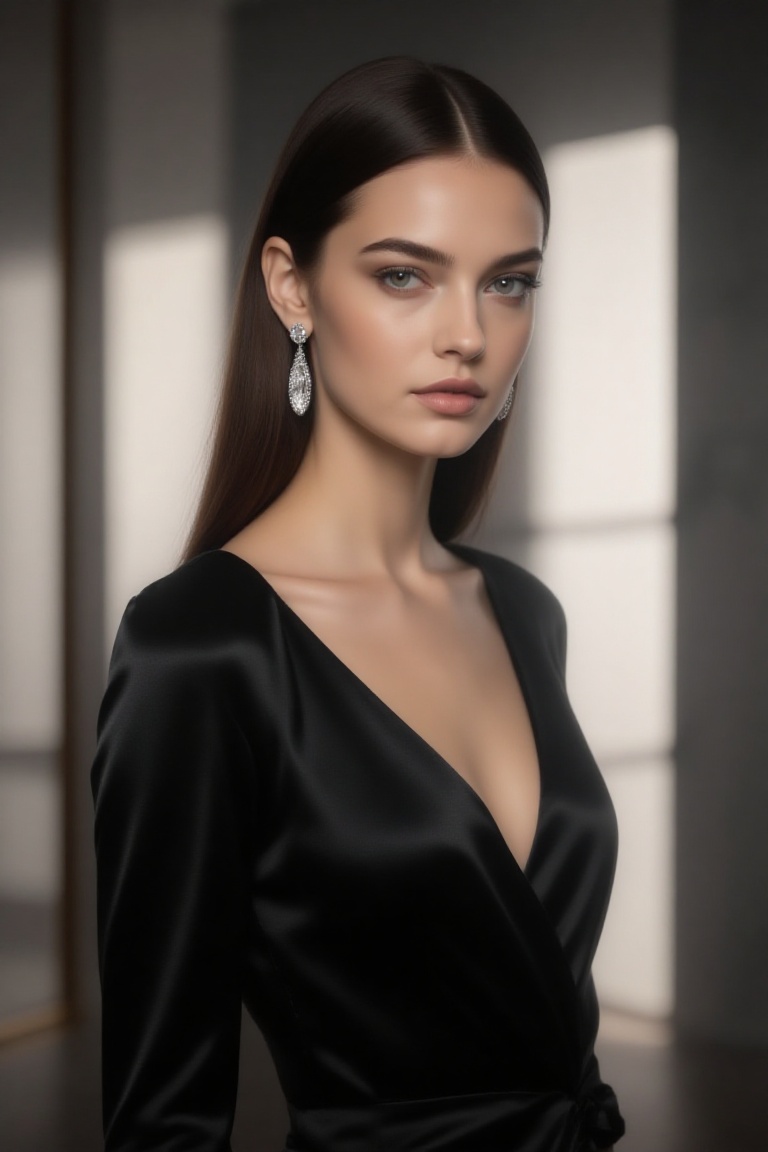 chic 20yo woman,  bust portrait,  wearing a form-fitting black satin dress with diamond earrings on Tensor.Art
