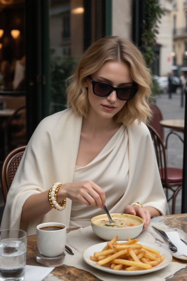 chic 20yo woman with wavy blonde hair,  wearing a stylish ivory outfit with a draped shawl and bold ivory-and-gold bangles...