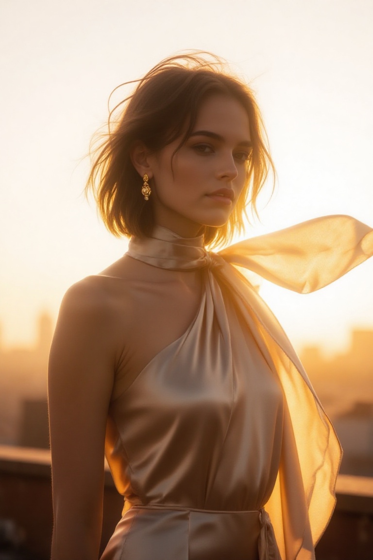 chic 20yo woman,  radiant bust portrait,  standing on a rooftop at golden hour on Tensor.Art