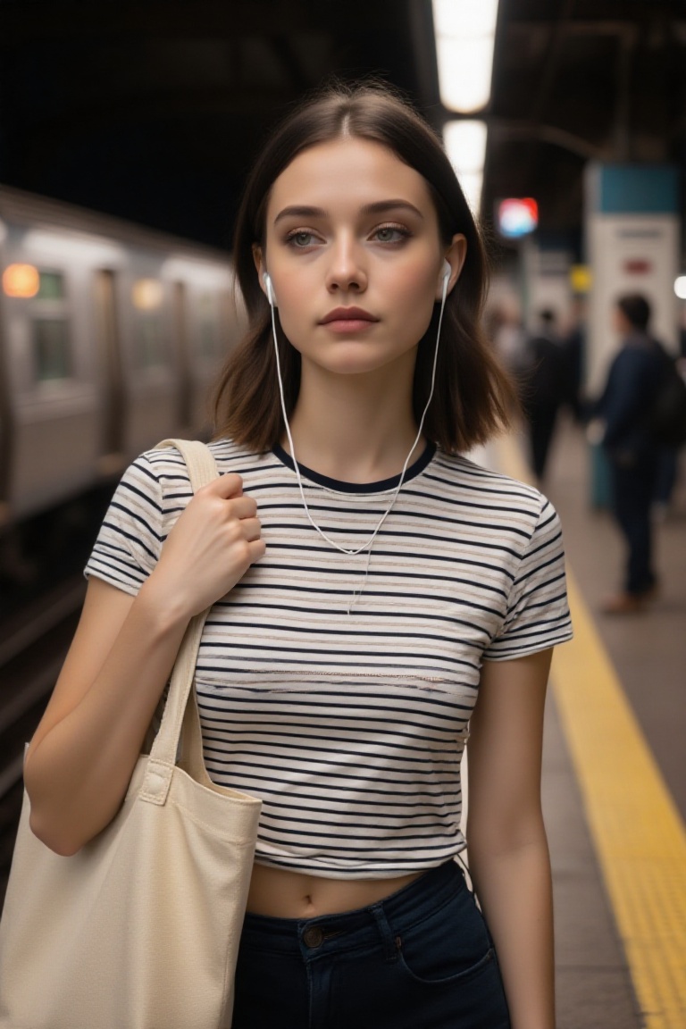 chic 20yo woman,  casual bust portrait,  waiting at a subway platform on Tensor.Art