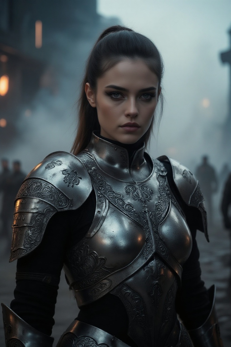 chic 20yo woman,  powerful bust portrait,  wearing futuristic silver armor with intricate engravings on Tensor.Art