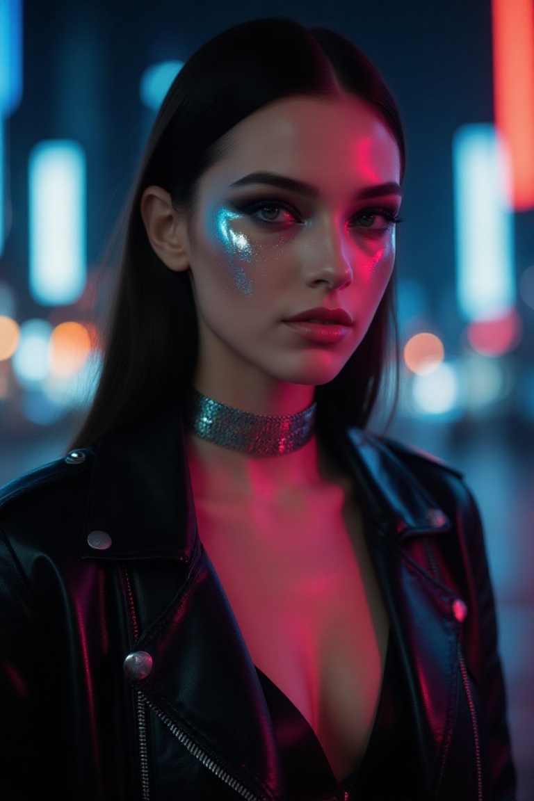 chic 20yo woman,  fashionable bust portrait,  glossy leather jacket with metallic choker on Tensor.Art