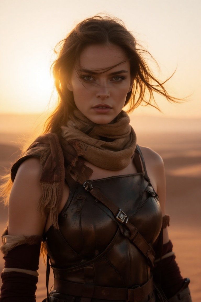 chic 20yo woman,  fierce bust portrait,  wearing desert warrior attire with layered scarves and leather armor on Tensor.Art