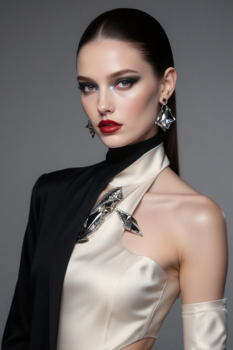 chic 20yo woman,  artistic bust portrait,  wearing an avant-garde futuristic outfit with asymmetrical layers and bold geom...