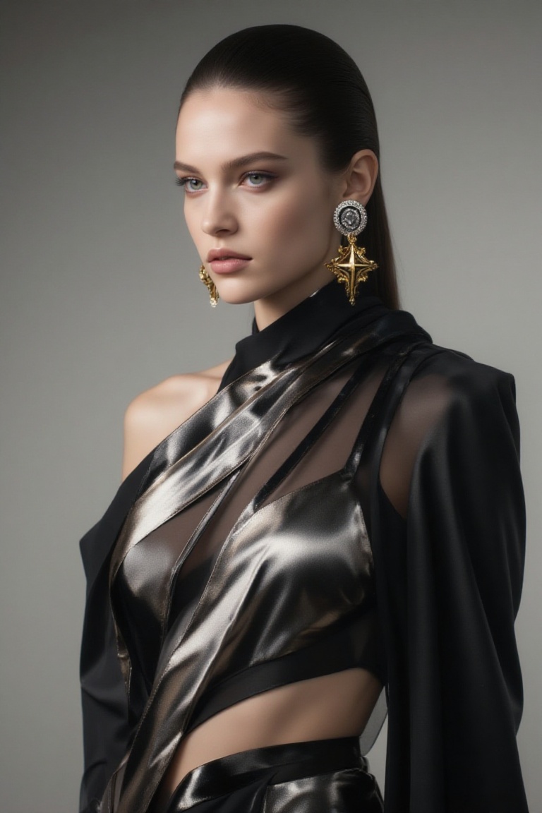 chic 20yo woman,  artistic bust shot,  wearing an avant-garde sculptural dress with asymmetrical metallic panels and trans...