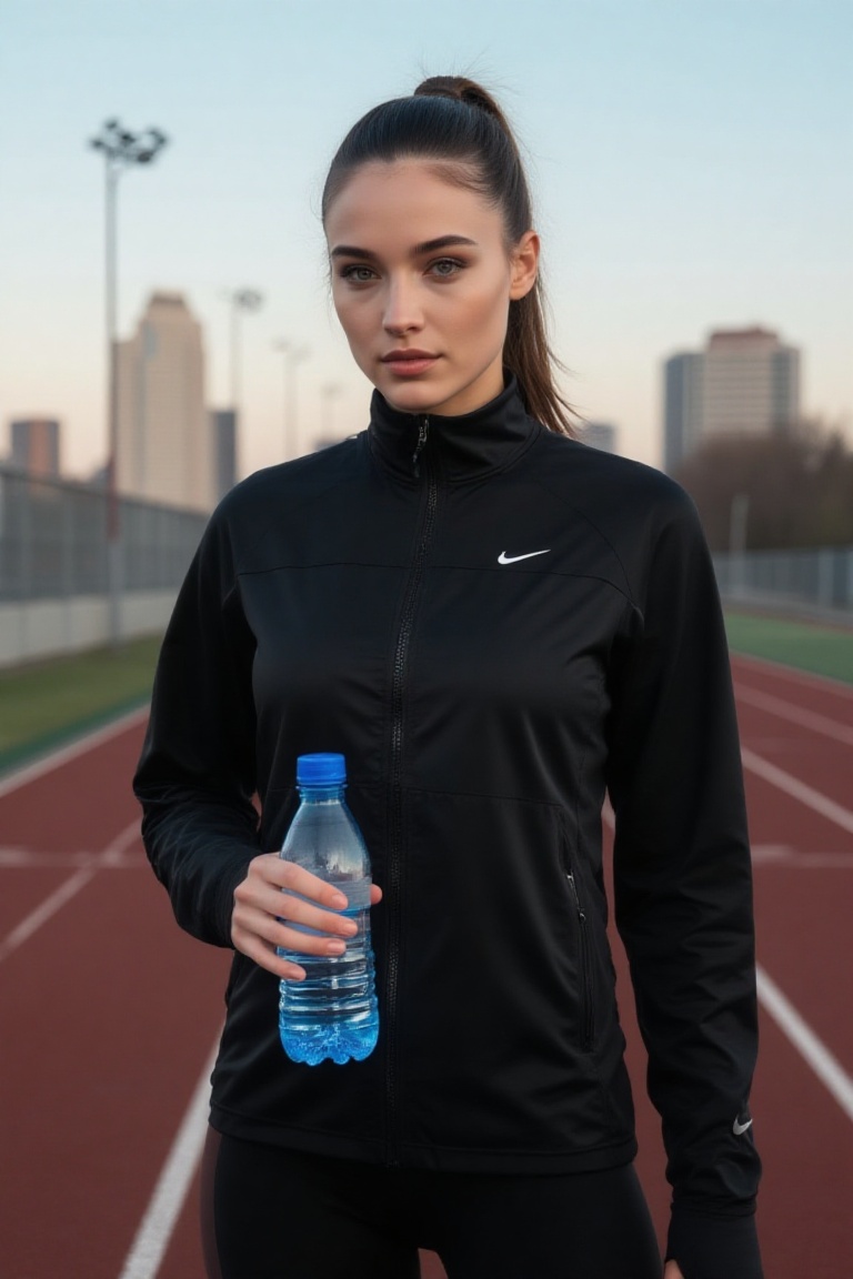 chic 20yo woman,  casual yet stylish bust shot,  wearing a modern sports jacket with zipper half-open on Tensor.Art
