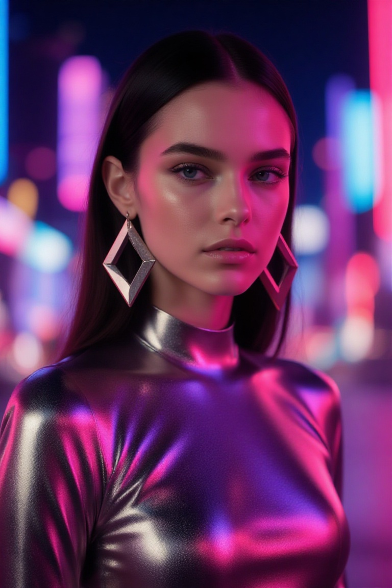 chic 20yo woman,  illuminated by neon pink and blue lights,  wearing a futuristic metallic top with bold geometric earring...