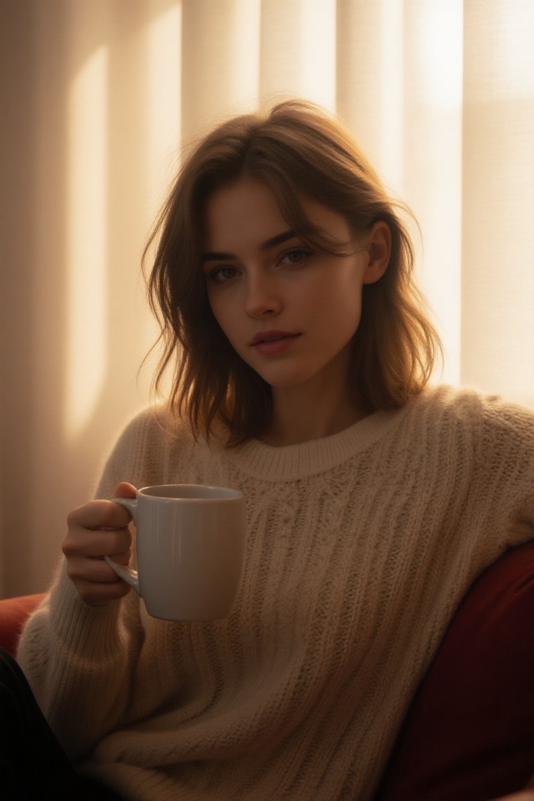 chic 20yo woman,  cozy bust shot,  sitting casually on a sofa at home on Tensor.Art