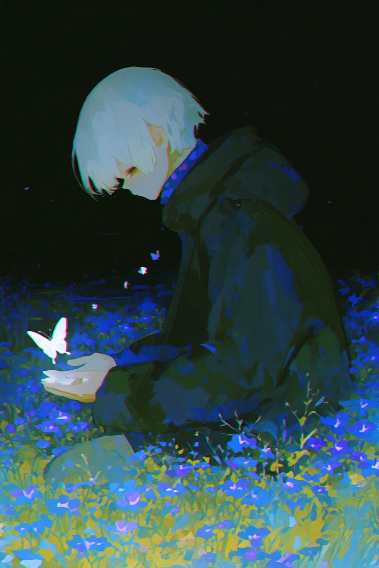 abstract style,  anime-style digital painting of a young boy with short,  white hair on Tensor.Art
