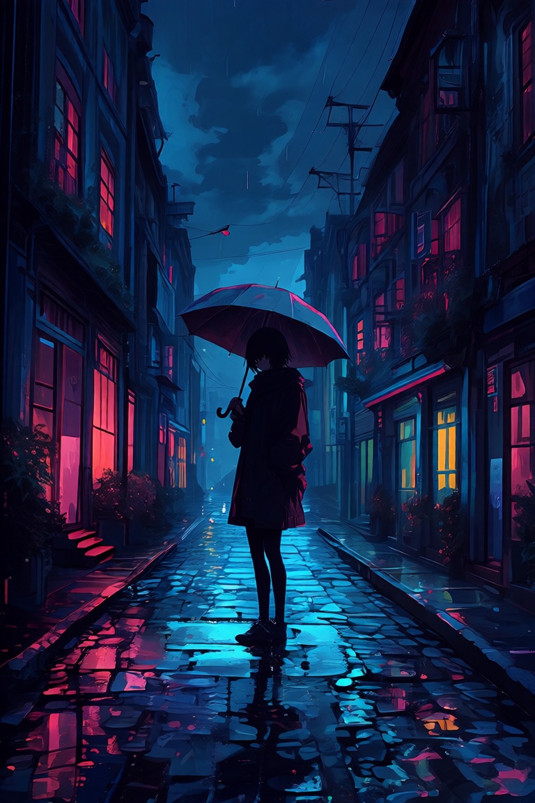 abstract style,  a digital painting of a person standing in the middle of a cobblestone street at night,  holding an umbre...
