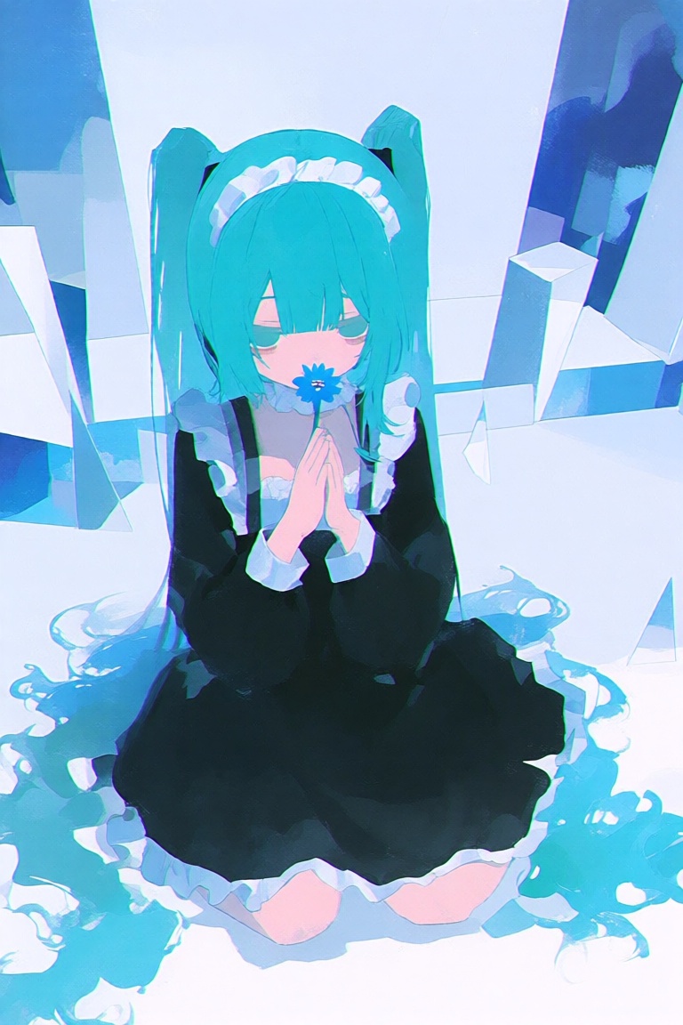 abstract style,  anime-style digital illustration of a girl with turquoise hair,  sitting on the ground with her hands cla...