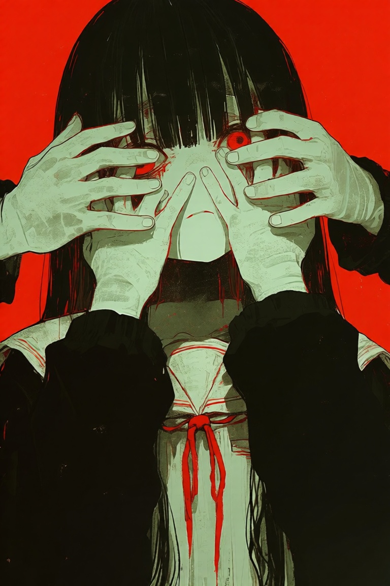 abstract style,  a surreal illustration featuring a young girl with pale skin and long black hair,  her hands covering her...