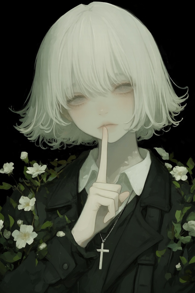 abstract style,  anime-style digital illustration of a young woman with pale skin and short white hair,  wearing a black c...