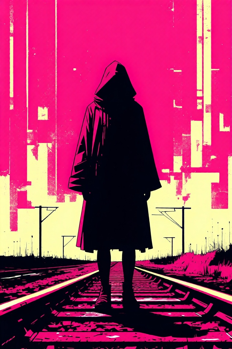 abstract style,  a digital illustration of a person standing alone on a railway track,  wearing a long on Tensor.Art