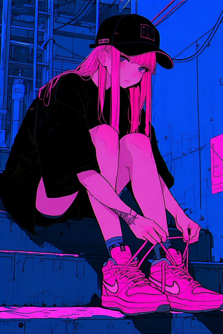 abstract style,  anime-style illustration of a young woman with long,  straight pink hair on Tensor.Art