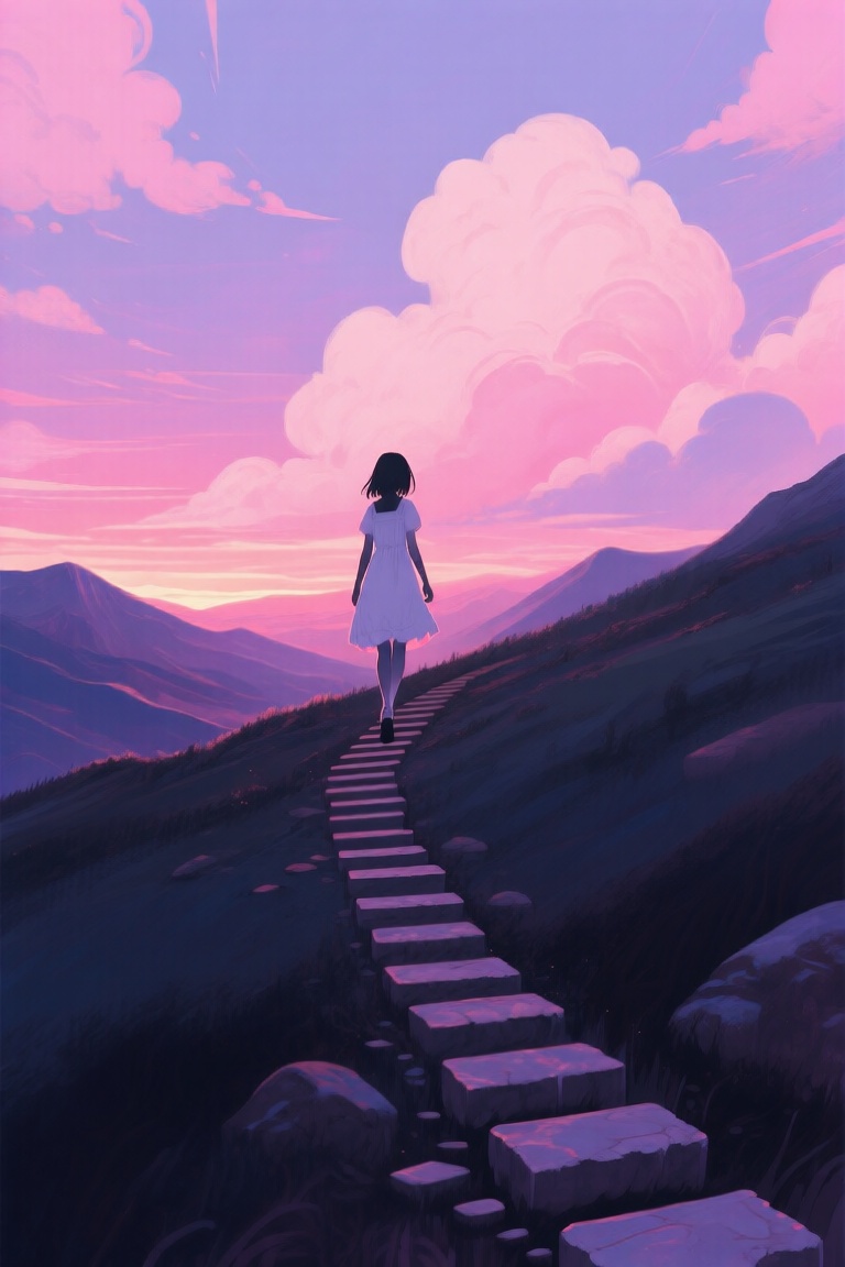 abstract style,  a digital illustration of a girl in a white dress walking up a steep path made of stepping stones,  surro...