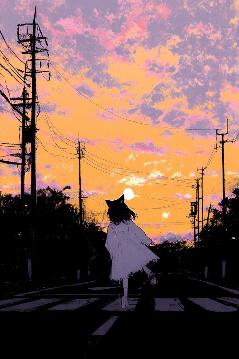 abstract style,  a digital illustration of a silhouette of a person walking across a street at sunset,  wearing a white dr...