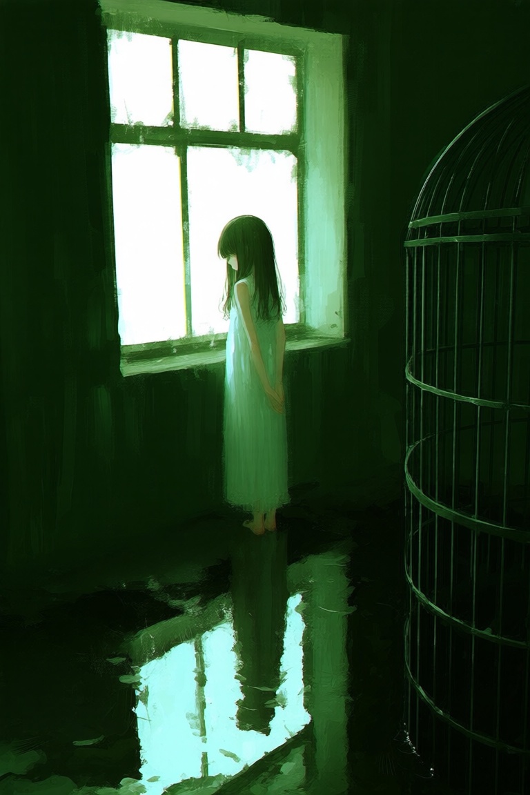 abstract style,  a digital painting of a girl standing in a dimly lit room with a large window behind her,  casting a soft...