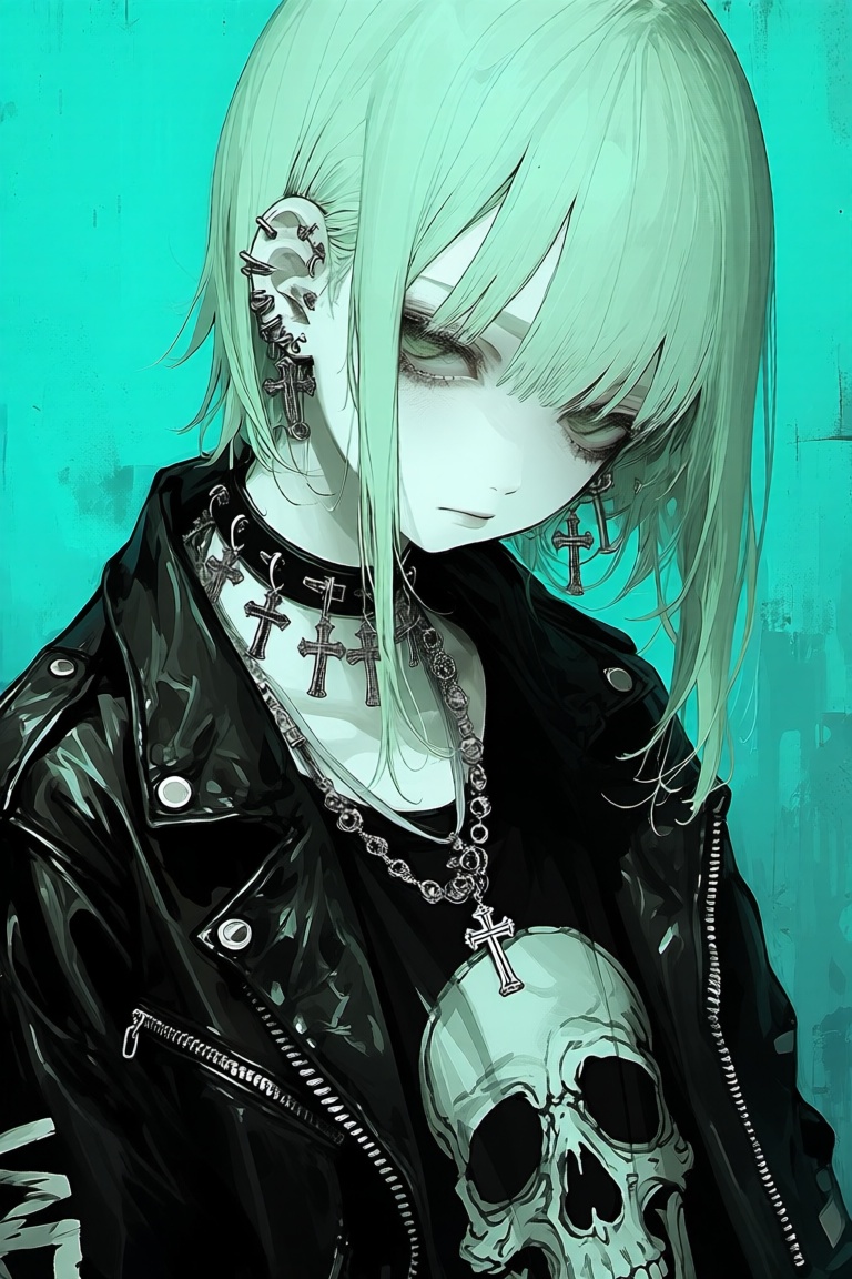 abstract style,  anime-style illustration of a young woman with pale skin and long,  mint green hair on Tensor.Art