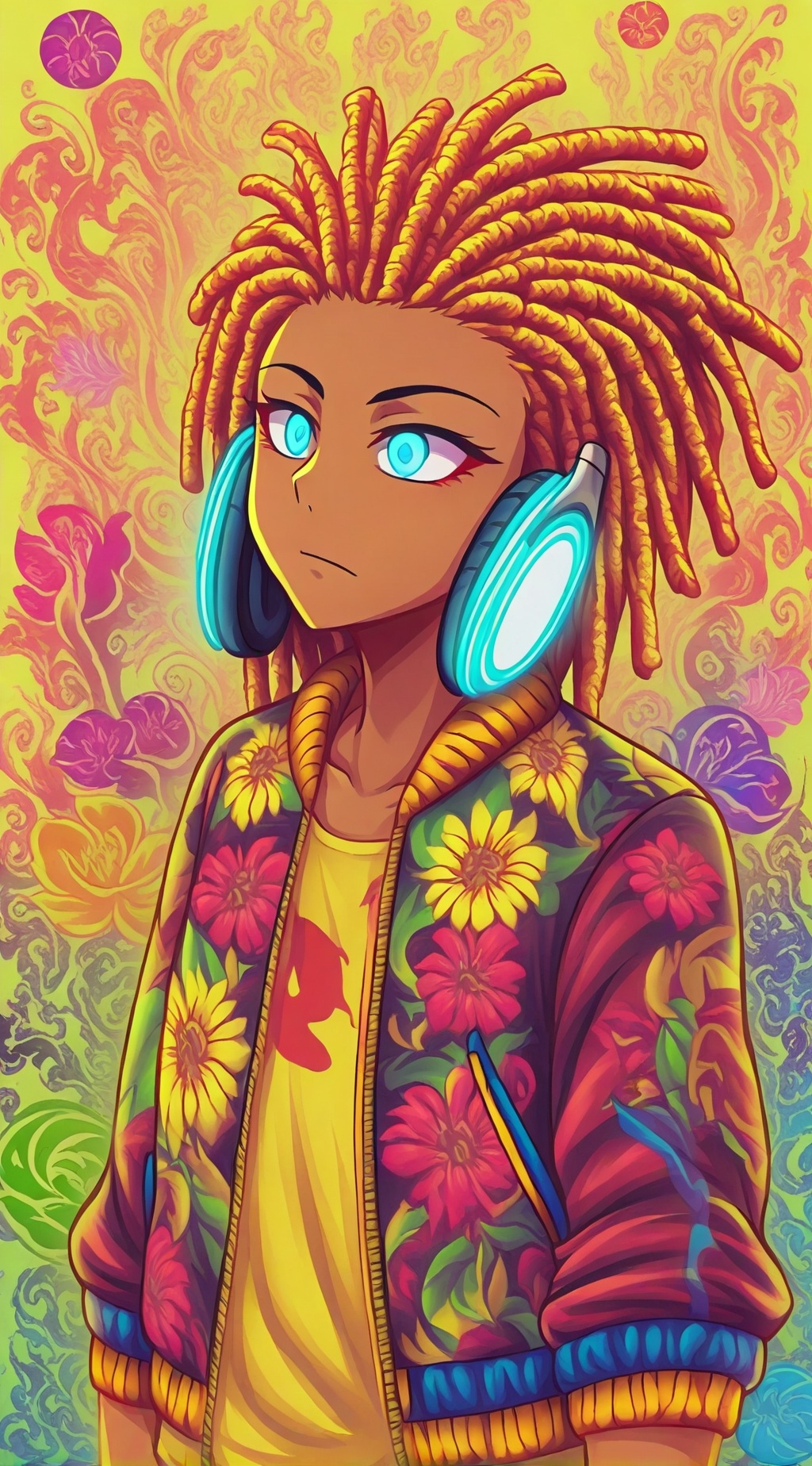 anime character with rasta reggae style,  wearing colorful bomber jacket in green,  yellow on Tensor.Art