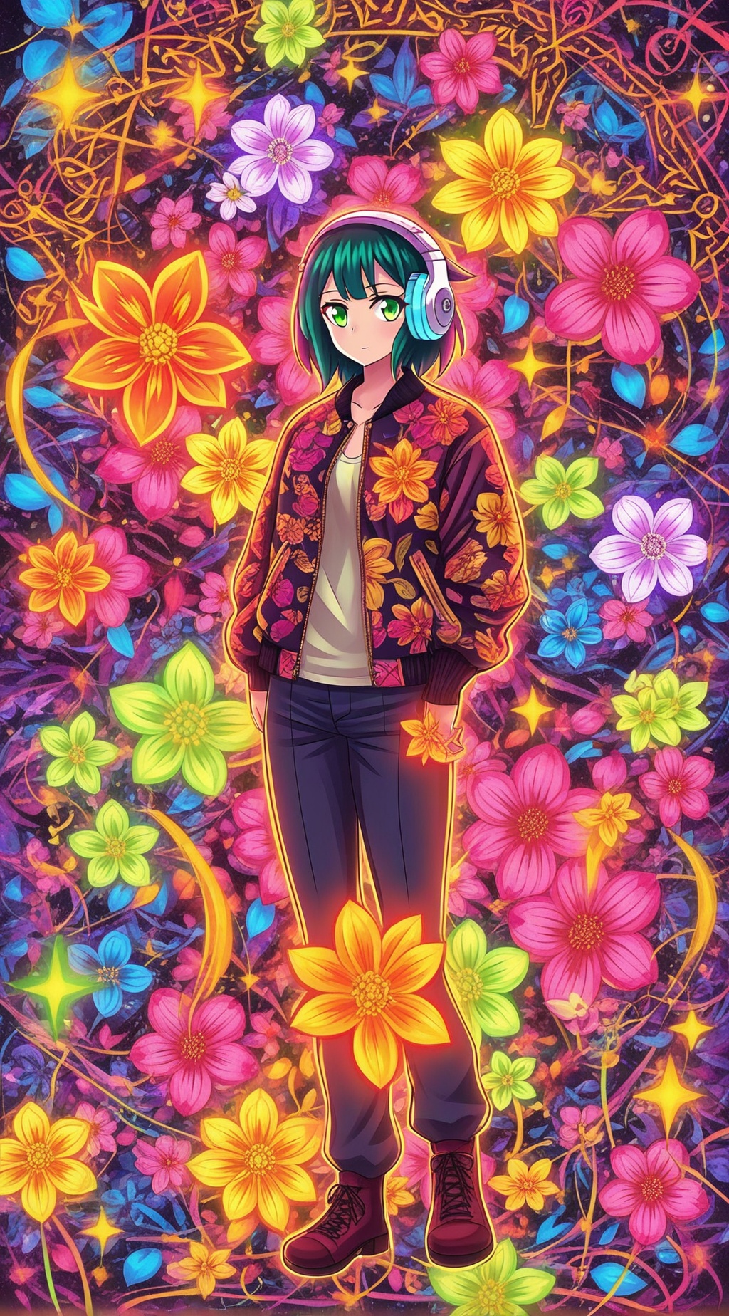 anime girl,  wearing a luxurious floral bomber jacket with dense glowing flower patterns,  modern headphones on Tensor.Art
