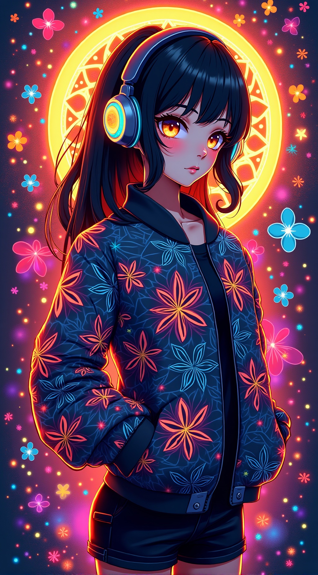 anime girl,  wearing a luxurious floral bomber jacket with dense glowing flower patterns,  modern headphones on Tensor.Art