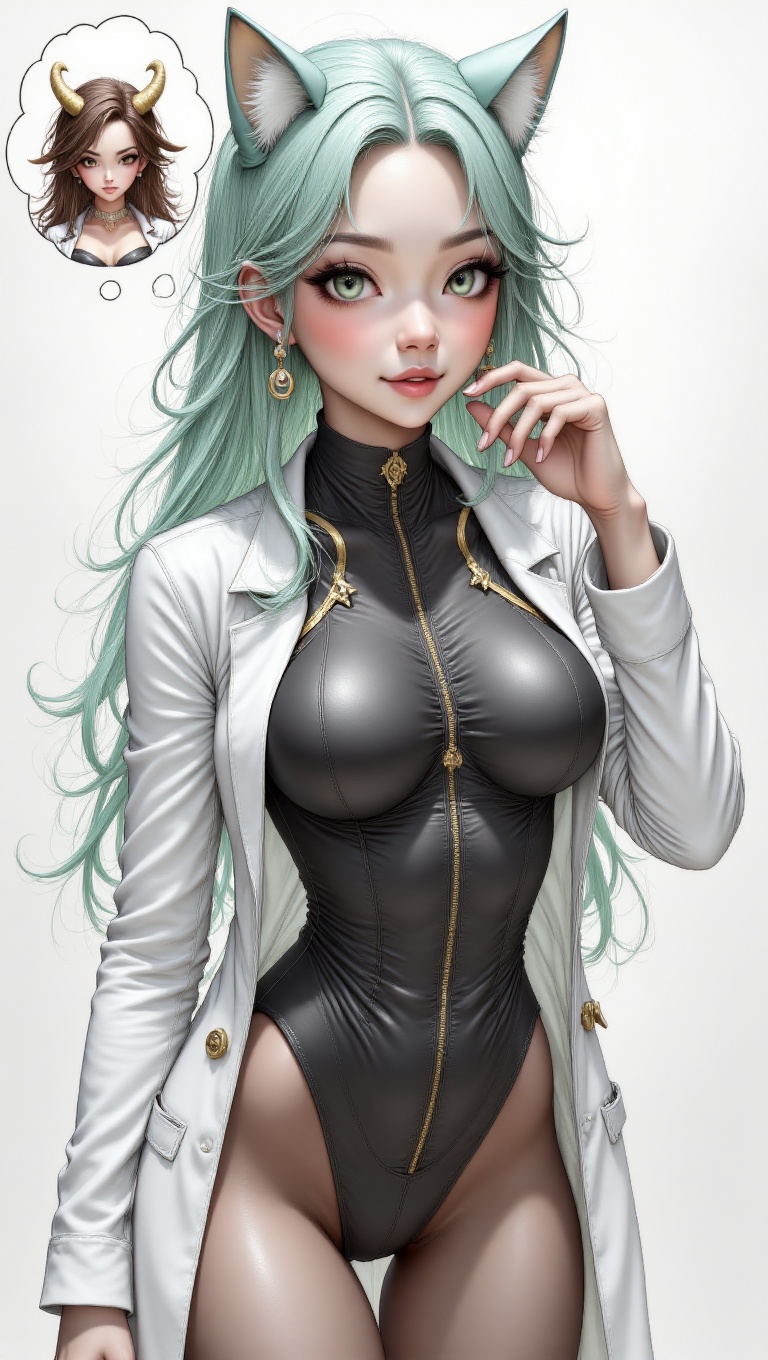 A hyper-realistic,  glossy anime-style full-body digital illustration of a cute girl. Her long,  flowing mint green hair l...