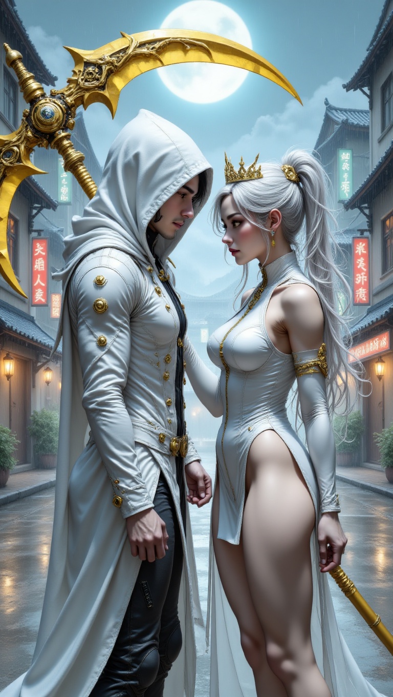 a young man and a young woman face off,  both with long white hair,  wearing the crown and piercing yellow eyes. The man w...