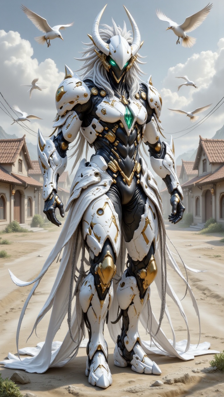 The image depicts a formidable,  humanoid figure in highly detailed,  fantastical armor. The central subject is a white-ar...