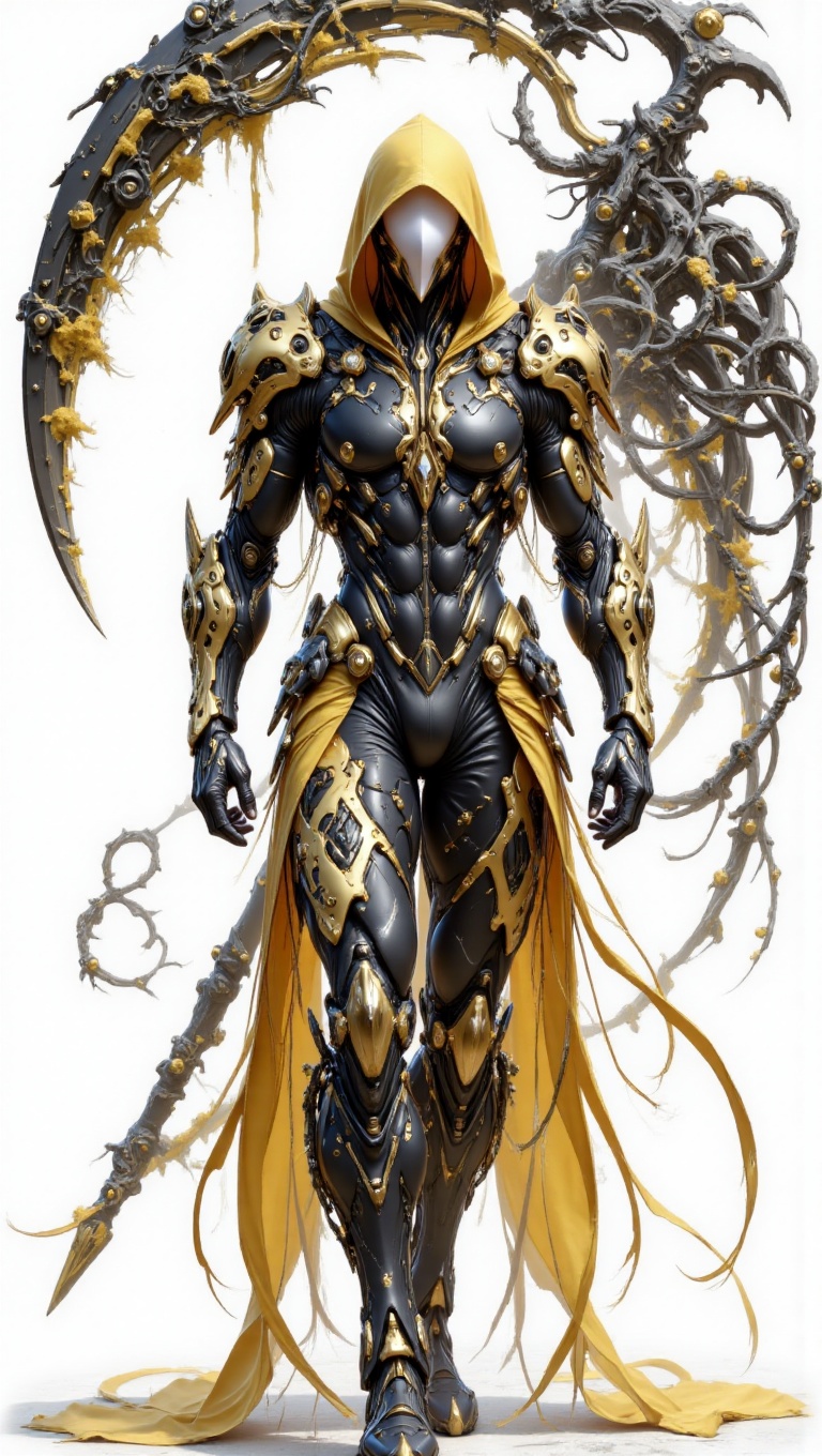 A full-body digital illustration of a mysterious figure. The character is wearing a sleek black suit with ornate,  intrica...
