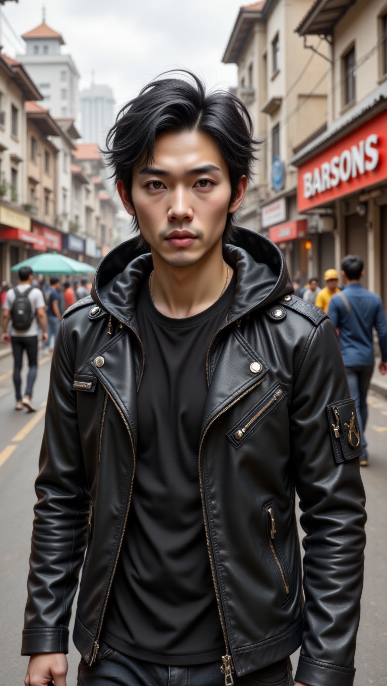The image is a portrait of a young Asian man standing on a busy street. He is wearing a black leather jacket with a hood a...