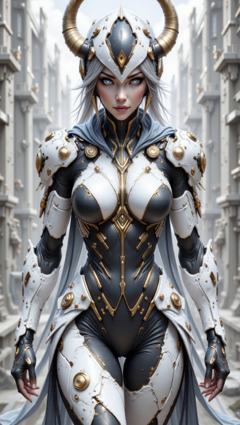 The subject is a woman with a strong,  confident gaze directed straight at the viewer. Her face is pale and her eyes are a...