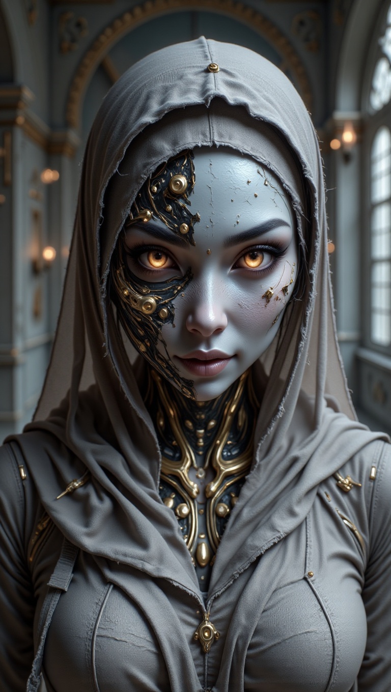 A close-up shot of a pretty Malay woman's face,  wearing a hijab and loose abaya,  transformed into a zombie cyborg. Her f...
